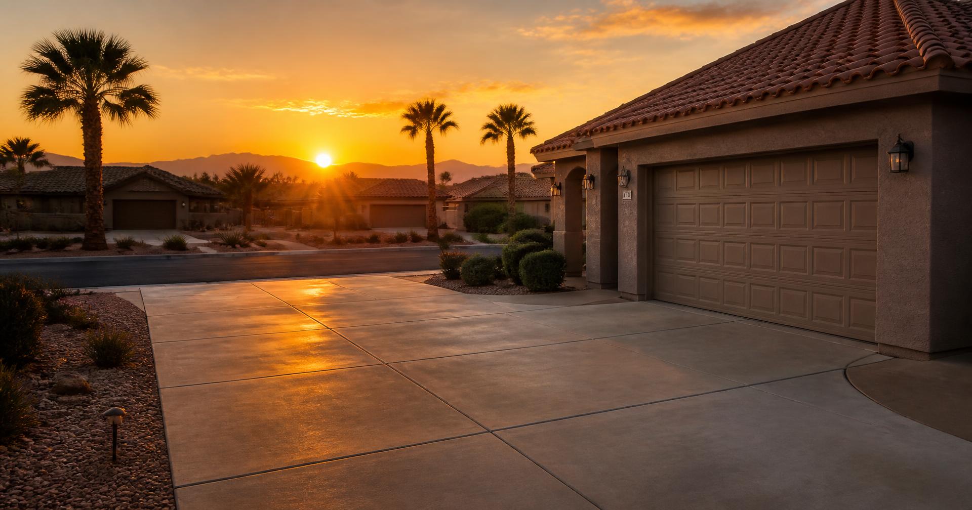 Clean concrete driveway at a Las Vegas home during sunset