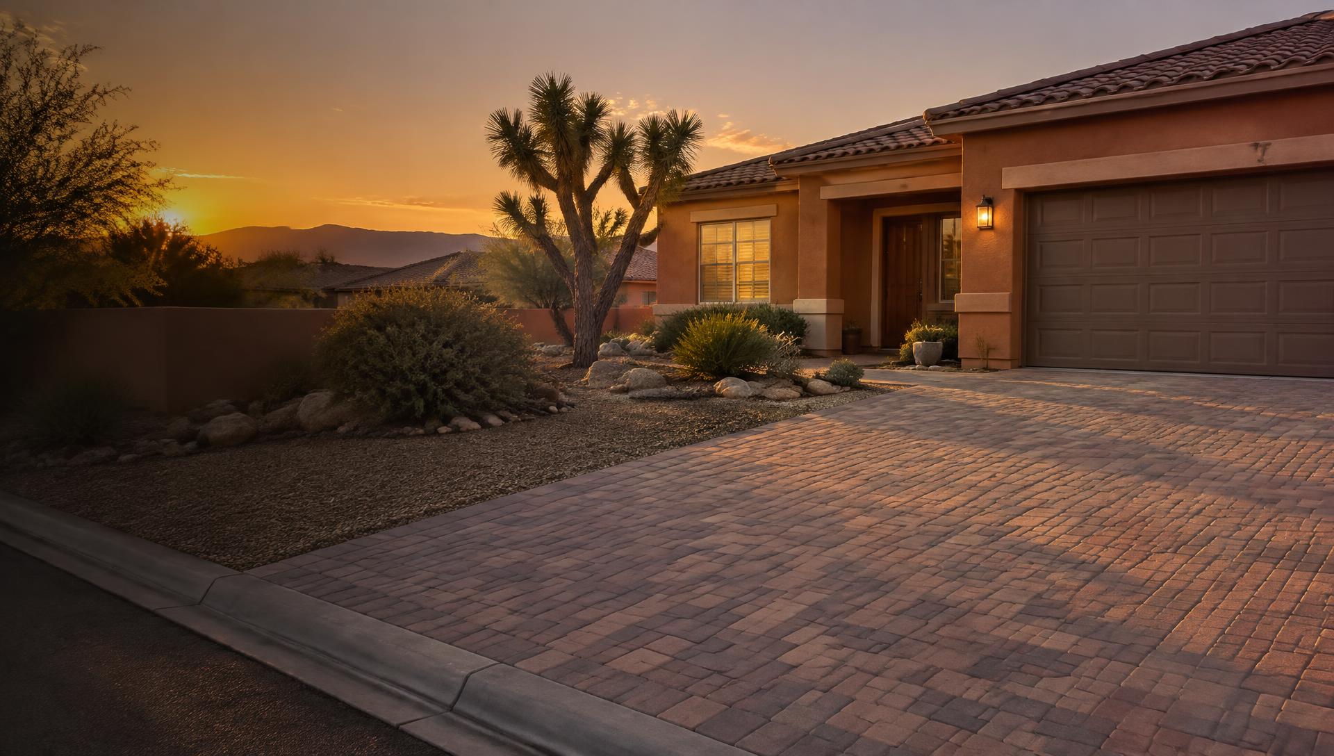 Clean concrete driveway at a Las Vegas home during sunset