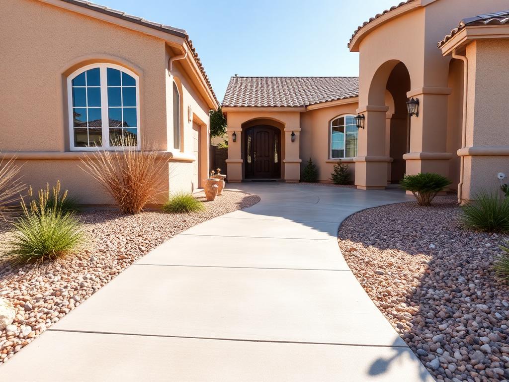 Clean concrete walkway at a Las Vegas stucco home