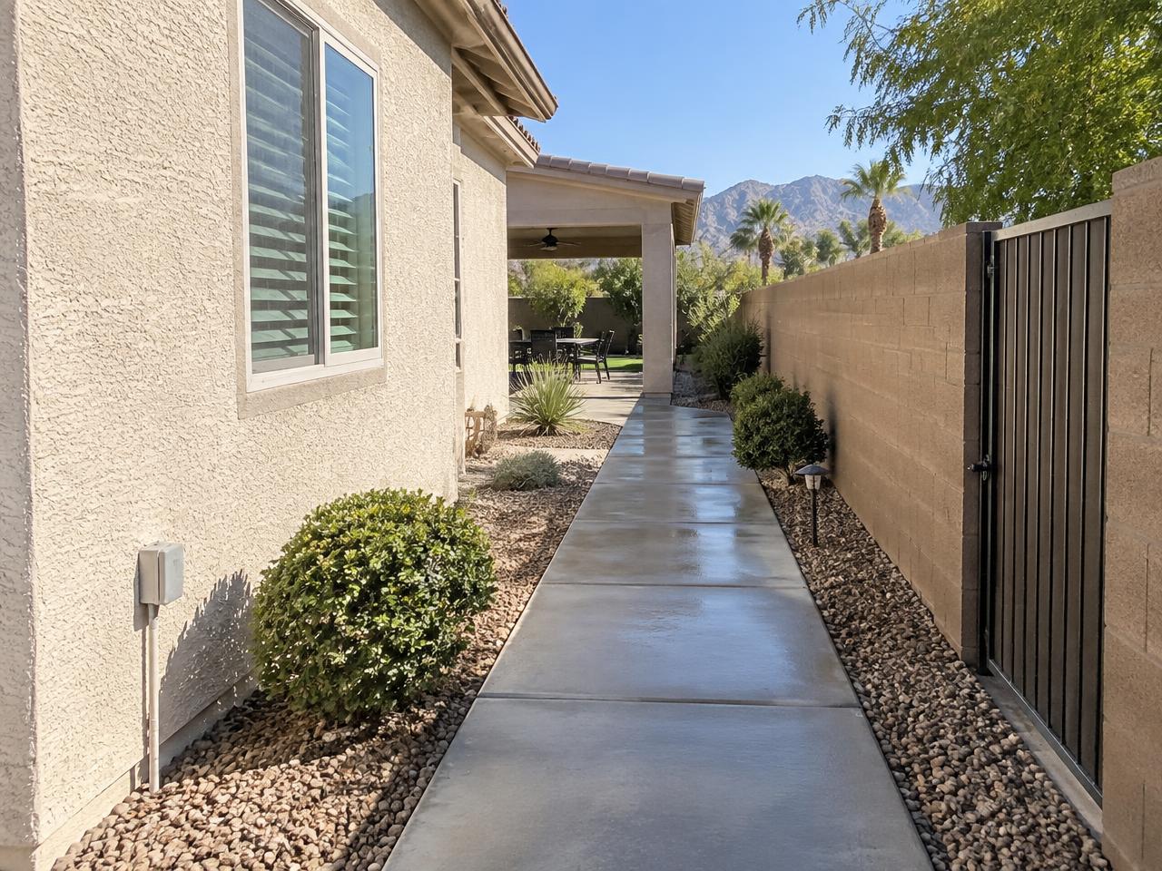 Clean concrete walkway at a Las Vegas stucco home