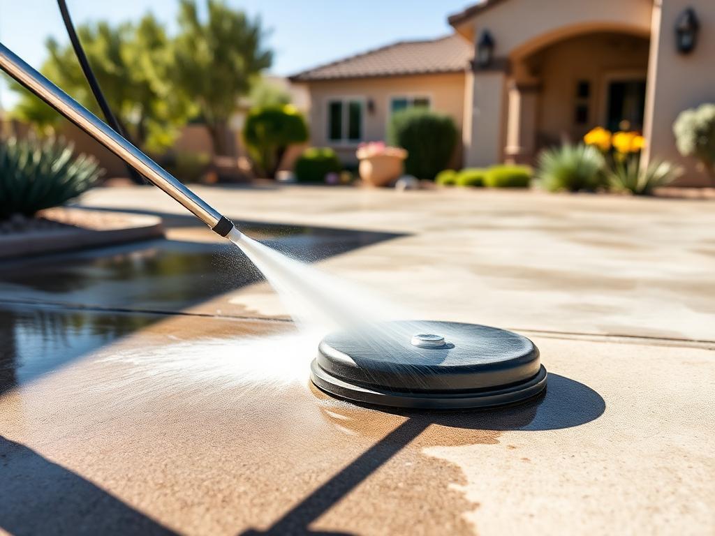 Pressure washing a residential concrete driveway in Las Vegas