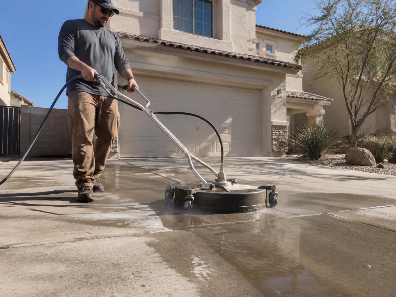 Pressure washing a residential concrete driveway in Las Vegas
