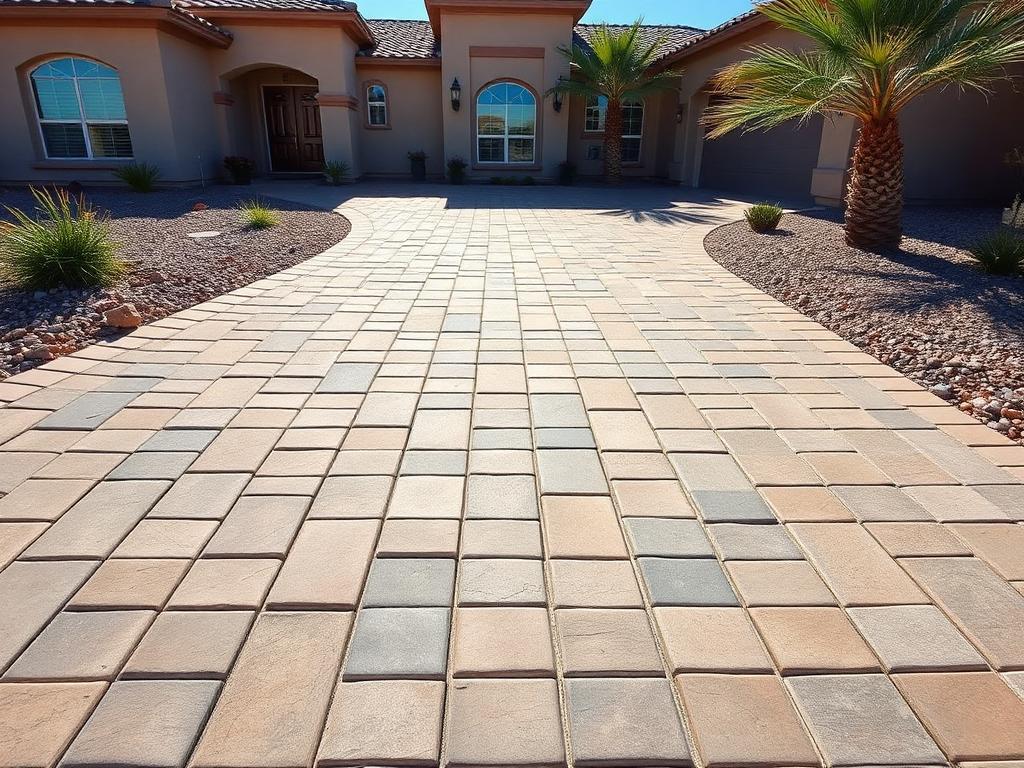 Freshly cleaned paver driveway at a Las Vegas home
