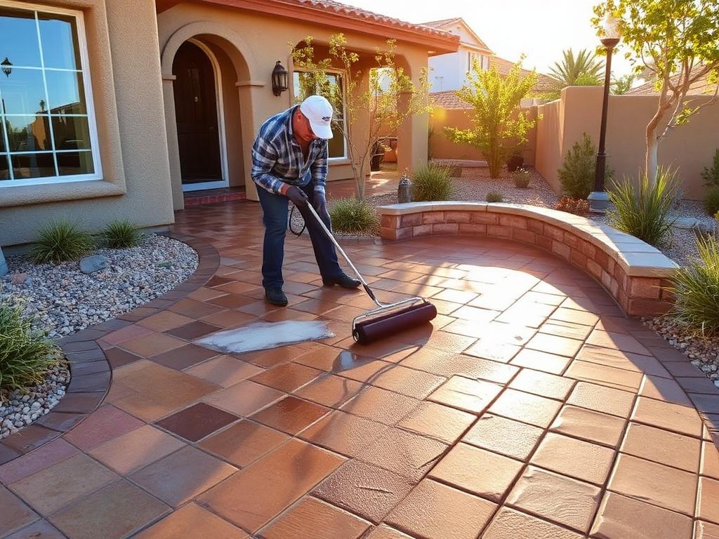 Applying protective sealer to a paver patio in Las Vegas