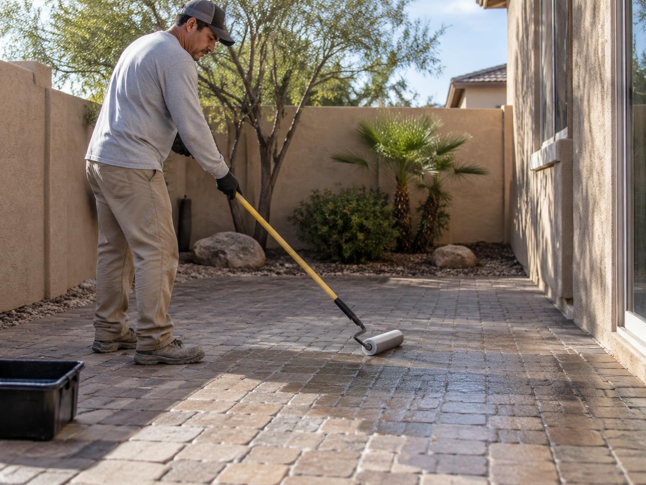 Applying protective sealer to a paver patio in Las Vegas